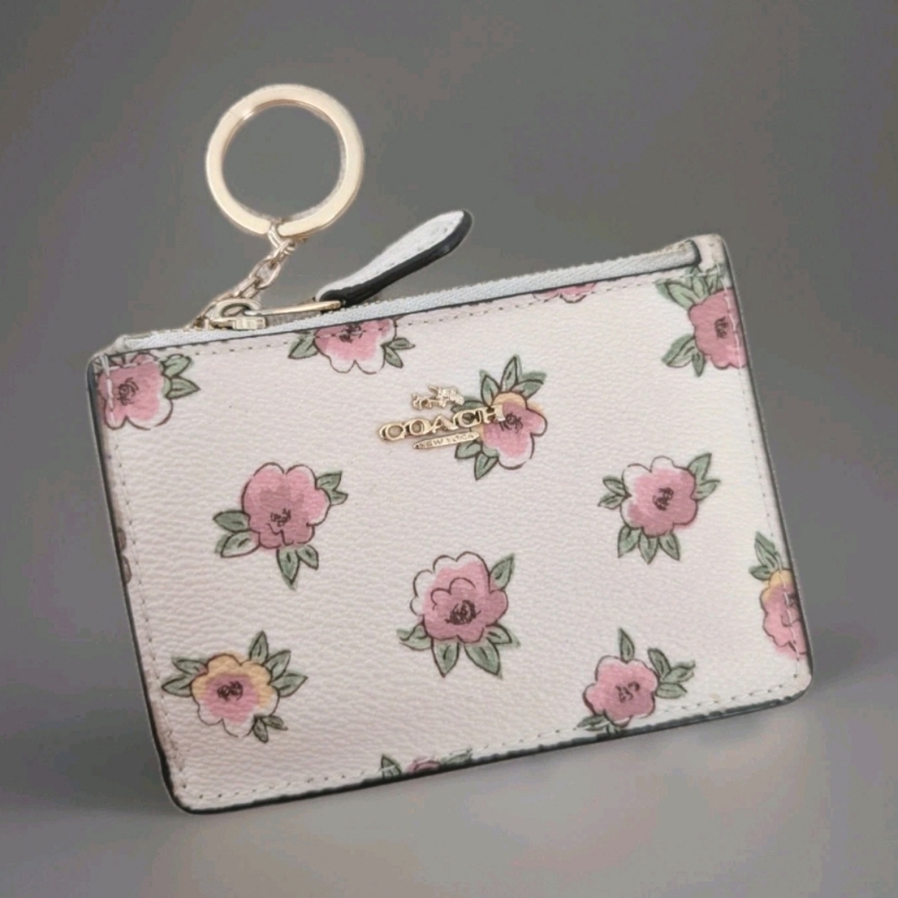 Like New Coach Top Zip Card Wallet Beige Pink Floral Logo Credit Card Women's
